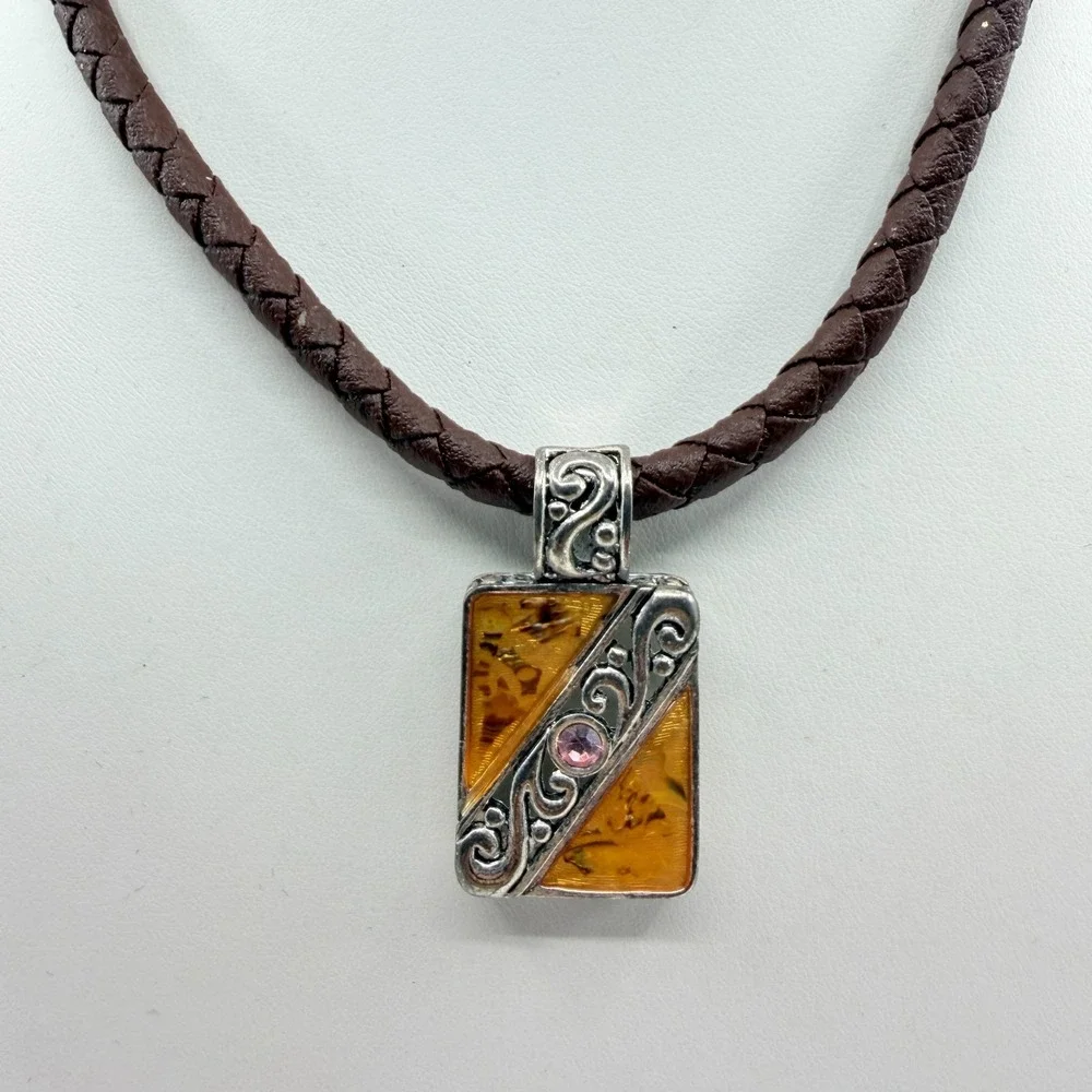 VTG Amber & Silver Resin Statement Necklace with Braided Leather Pendant